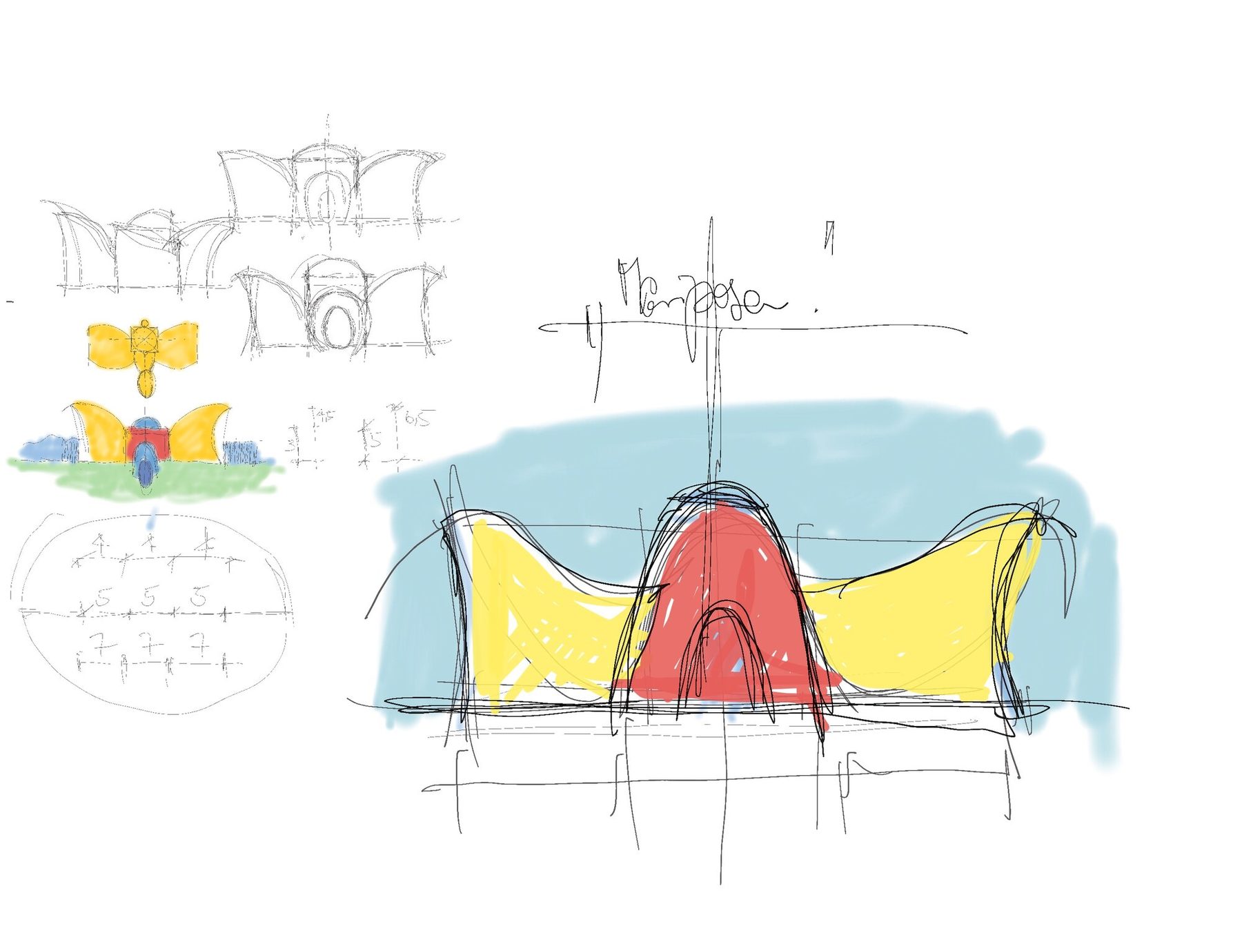 Mariposa — concept sketch of the Butterfly House by Susanne Rikus: elevations, plan and colour study